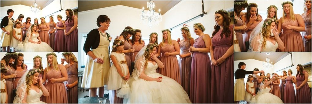 Premier snohomish & seattle wedding photographer | gsquared weddings photography a collage of photos shows a snohomish bride in a white dress surrounded by bridesmaids in mauve dresses and flower crowns and a woman in black all holding hands and praying together before the seattle wedding ceremony | serving snohomish seattle                   & beyond