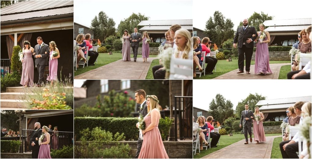 Premier snohomish & seattle wedding photographer | gsquared weddings photography a collage of snohomish wedding photos shows bridesmaids in mauve dresses and groomsmen in suits walking down an aisle with seated guests watching and lush greenery in the background | serving snohomish seattle                   & beyond