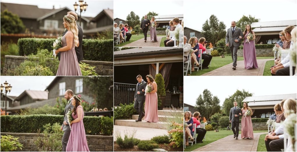 Premier snohomish & seattle wedding photographer | gsquared weddings photography a collage of outdoor snohomish wedding photos shows bridesmaids in mauve dresses and groomsmen in grey suits walking down the aisle with guests seated on either side in a beautiful garden setting near seattle | serving snohomish seattle                   & beyond