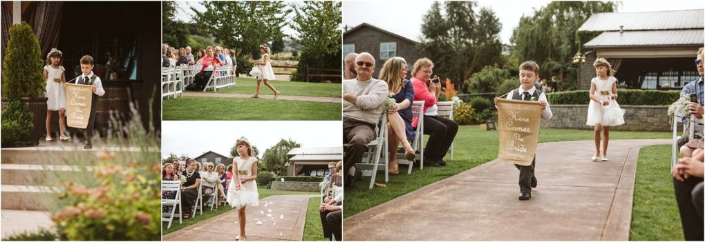 Premier snohomish & seattle wedding photographer | gsquared weddings photography a collage shows children at an outdoor snohomish wedding a boy and girl walk down the aisle holding a sign a girl scatters flower petals and guests watch from their seats on a grassy lawn near rustic buildings | serving snohomish seattle                   & beyond