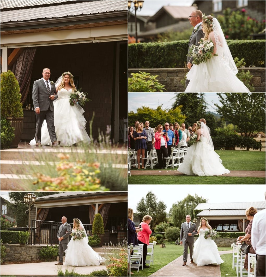 Premier snohomish & seattle wedding photographer | gsquared weddings photography a bride in a white gown and veil walks down the outdoor aisle with her father during a snohomish wedding ceremony surrounded by guests seated on white chairs and lush greenery near seattle | serving snohomish seattle                   & beyond