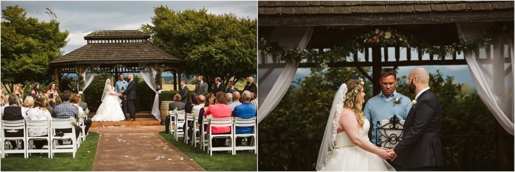 Premier snohomish & seattle wedding photographer | gsquared weddings photography a bride and groom stand under a wooden gazebo during an outdoor snohomish wedding ceremony surrounded by guests seated on white chairs Trees and greenery fill the background beneath a cloudy seattle sky | serving snohomish seattle                   & beyond