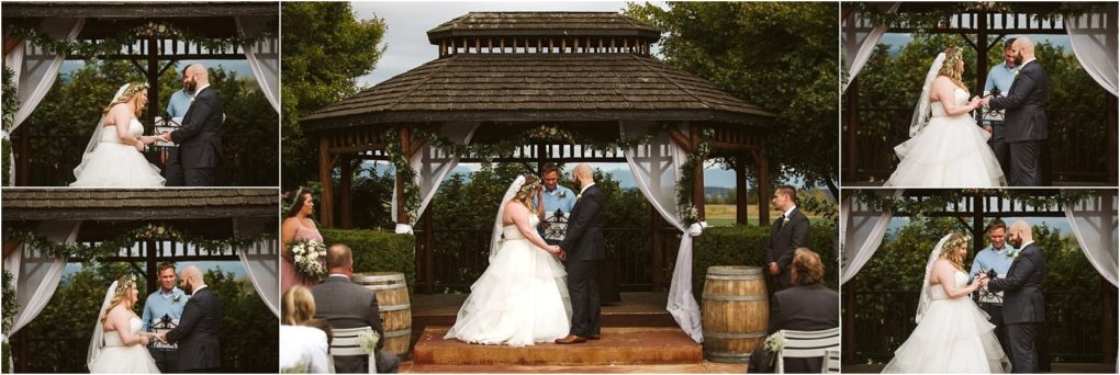 Premier snohomish & seattle wedding photographer | gsquared weddings photography a snohomish wedding ceremony collage shows a couple holding hands and exchanging vows under a wooden gazebo outdoors surrounded by greenery with guests seated nearby | serving snohomish seattle                   & beyond