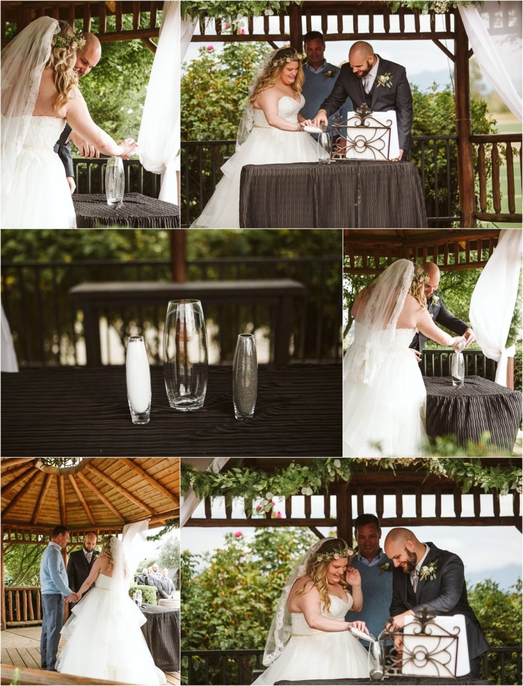 Premier snohomish & seattle wedding photographer | gsquared weddings photography a bride and groom perform a sand ceremony under a gazebo during their snohomish wedding pouring sand into a vase as the officiant looks on The couple smiles and shares a joyful moment at their seattle area celebration | serving snohomish seattle                   & beyond