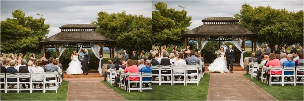 Premier snohomish & seattle wedding photographer | gsquared weddings photography a bride and groom stand with an officiant under a wooden gazebo during a beautiful snohomish outdoor wedding ceremony as guests watch from white chairs on a grassy lawn The happy couple walks down the aisle together smiling and celebrating | serving snohomish seattle                   & beyond