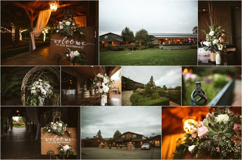 Premier snohomish & seattle wedding photographer | gsquared weddings photography collage of snohomish seattle wedding venue photos featuring floral arrangements a wooden sign reading welcome to our beginning outdoor greenery and warmly lit spaces prepared for a celebration | serving snohomish seattle                   & beyond