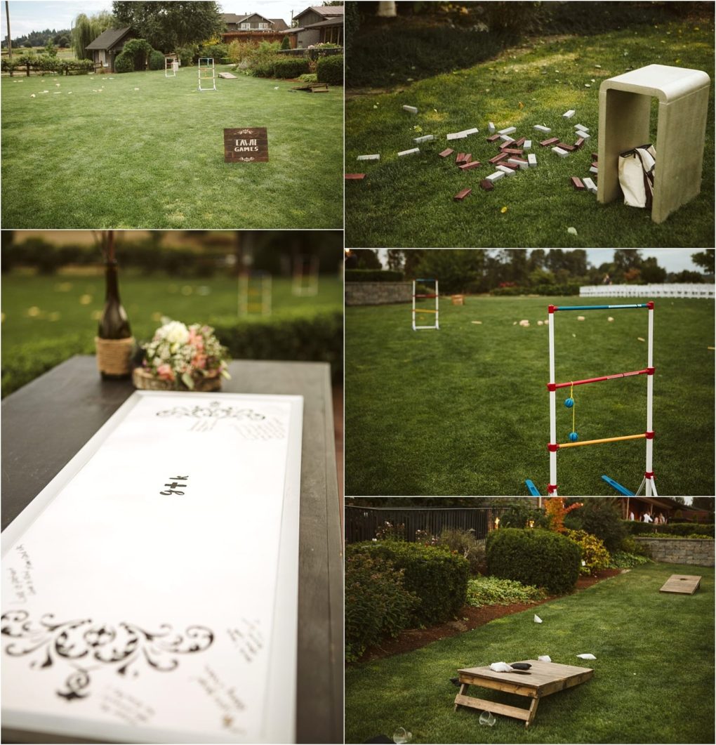 Premier snohomish & seattle wedding photographer | gsquared weddings photography a collage of outdoor lawn games set up on grass including giant jenga ladder toss cornhole and a guest sign in board with flowers and rustic décorperfect for a snohomish seattle wedding or engagement in a spacious yard | serving snohomish seattle                   & beyond