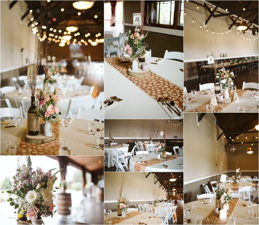 Premier snohomish & seattle wedding photographer | gsquared weddings photography collage of rustic snohomish wedding reception tables with white chairs burlap and lace runners floral centerpieces in mason jars wood slices and table numbers Warm lighting and country style decor create a cozy elegant atmosphere | serving snohomish seattle                   & beyond