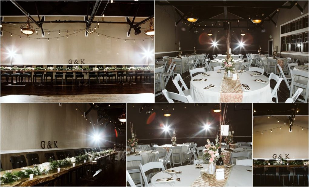 Premier snohomish & seattle wedding photographer | gsquared weddings photography a stunning snohomish wedding reception venue with decorated tables white chairs floral centerpieces string lights and a g & k sign on a long head table The softly lit room is elegantly arranged for your perfect seattle engagement celebration | serving snohomish seattle                   & beyond