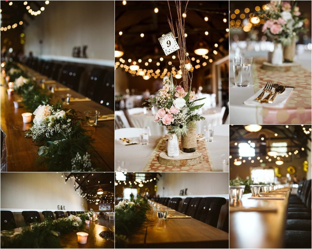 Premier snohomish & seattle wedding photographer | gsquared weddings photography a collage of rustic snohomish wedding table settings with floral centerpieces greenery garlands glasses candles and string lights creating a warm and elegant atmosphere in a softly lit venue | serving snohomish seattle                   & beyond