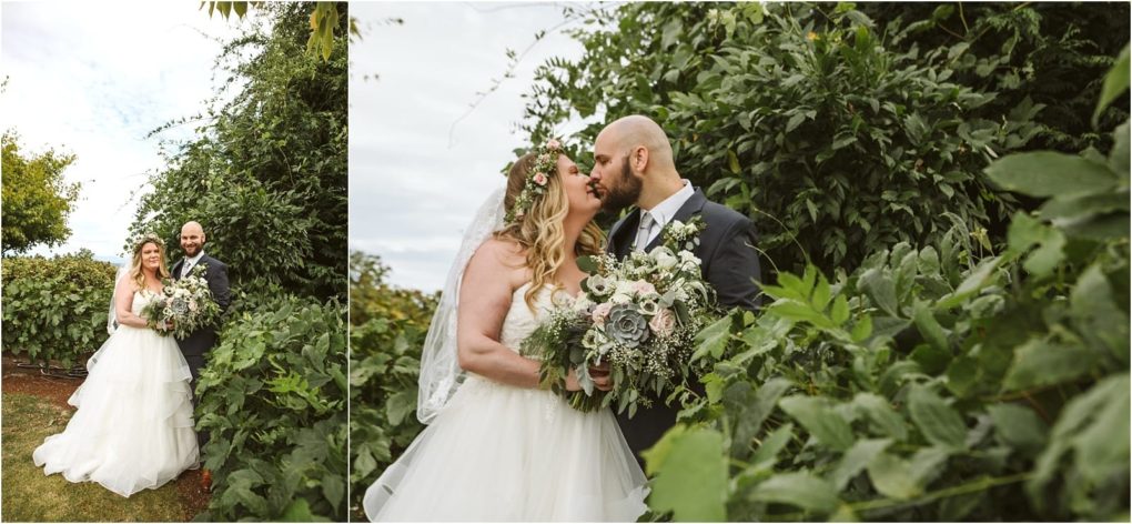 Premier snohomish & seattle wedding photographer | gsquared weddings photography a bride and groom stand close together outdoors amid lush greenery at their snohomish wedding The bride wears a white dress and veil holding a bouquet while the groom kisses her forehead lovingly | serving snohomish seattle                   & beyond