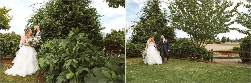 Premier snohomish & seattle wedding photographer | gsquared weddings photography a bride in a white gown and a groom in a gray suit stand together outdoors surrounded by lush greenery and trees sharing a quiet moment on their snohomish wedding day In the next frame they walk hand in hand across the lawn | serving snohomish seattle                   & beyond