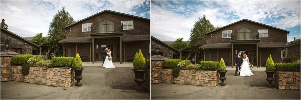 Premier snohomish & seattle wedding photographer | gsquared weddings photography a bride and groom stand outside a rustic wooden building in snohomish with stone planters greenery and a bright blue sky above In one image they embrace in the other they pose together smilingcapturing their seattle wedding joy | serving snohomish seattle                   & beyond