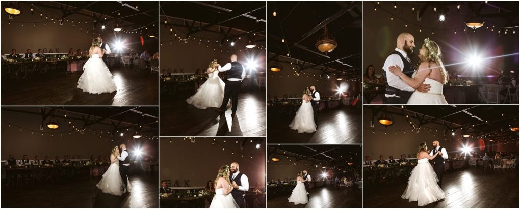 Premier snohomish & seattle wedding photographer | gsquared weddings photography a collage of snohomish wedding dance photos shows a bride and groom sharing their first dance on a wooden floor under string lights surrounded by guests seated at decorated tables | serving snohomish seattle                   & beyond
