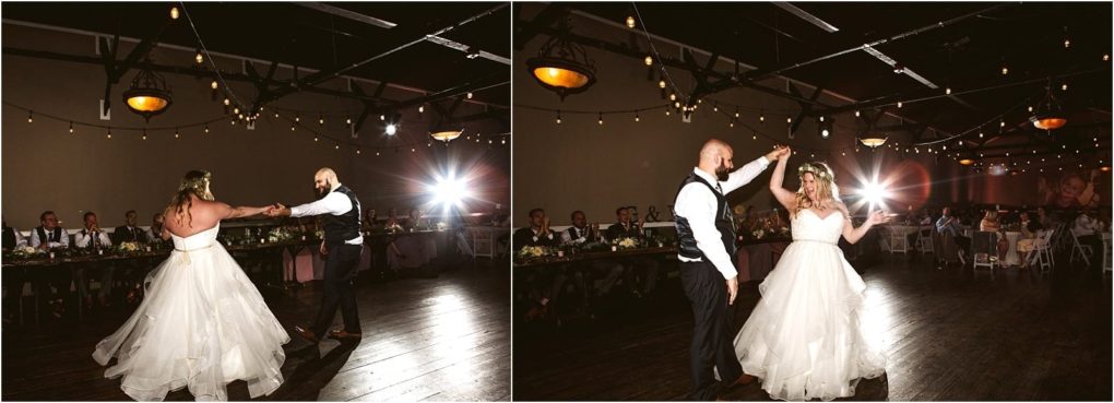 Premier snohomish & seattle wedding photographer | gsquared weddings photography a bride and groom share a dance on a wooden floor under string lights at their snohomish wedding reception with guests seated at tables in the background | serving snohomish seattle                   & beyond