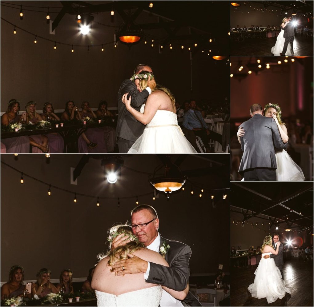 Premier snohomish & seattle wedding photographer | gsquared weddings photography a bride in a white dress shares an emotional dance with her father at a snohomish wedding reception surrounded by guests and warm string lights in a softly lit venue near seattle | serving snohomish seattle                   & beyond