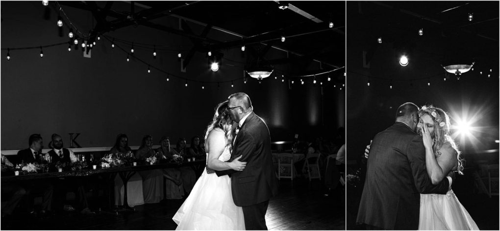 Premier snohomish & seattle wedding photographer | gsquared weddings photography a bride and her father share a heartfelt dance at a snohomish wedding reception illuminated by string lights in a dimly lit venue In one photo they embrace closely in another the bride smiles as her father holds her | serving snohomish seattle                   & beyond