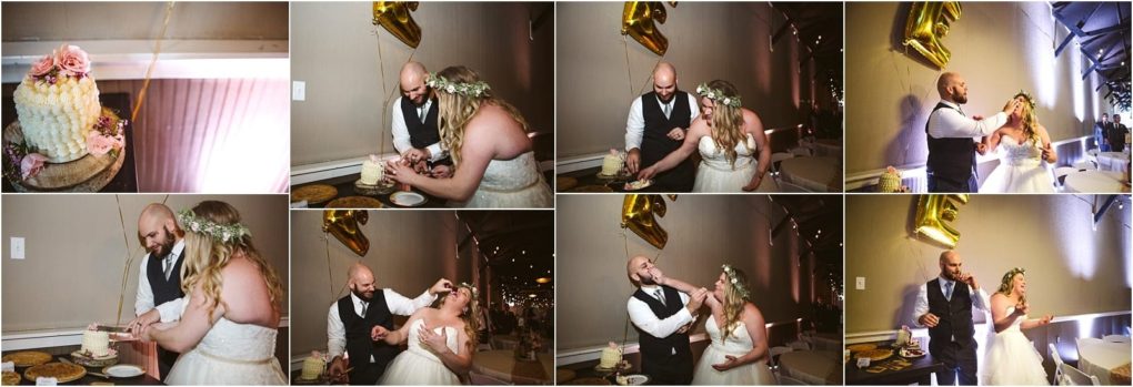 Premier snohomish & seattle wedding photographer | gsquared weddings photography a newlywed couple cuts their wedding cake and playfully feeds each other laughing with joy The bride in a flower crown and white dress and the groom in a vest celebrate their snohomish seattle wedding with a gold 4 balloon in the background | serving snohomish seattle                   & beyond