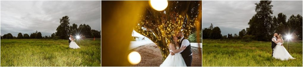 Premier snohomish & seattle wedding photographer | gsquared weddings photography a snohomish bride and groom embrace outdoors in a grassy field one photo is creatively lit with glowing lights while the others show the couple surrounded by lush seattle greenery and trees | serving snohomish seattle                   & beyond