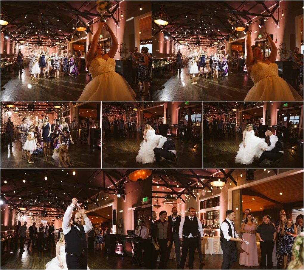 Premier snohomish & seattle wedding photographer | gsquared weddings photography a collage of snohomish seattle wedding moments a bride tosses her bouquet guests cheer and catch it the groom removes her garter and the groom tosses the garter in a warmly lit festively decorated venue | serving snohomish seattle                   & beyond