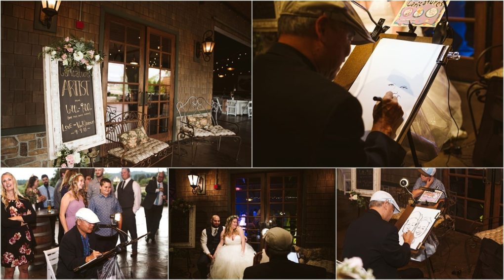 Premier snohomish & seattle wedding photographer | gsquared weddings photography a collage shows a caricature artist drawing at a snohomish seattle wedding signs and guests are visible and a couple poses with their caricature The artist is seen at work interacting with people and sketching engagement portraits | serving snohomish seattle                   & beyond