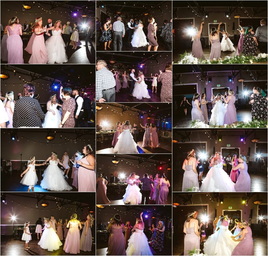 Premier snohomish & seattle wedding photographer | gsquared weddings photography collage of snohomish seattle wedding reception photos showing guests bridesmaids and a bride in a ballroom style dress joyfully dancing under string lights and colorful party lights in a decorated venue | serving snohomish seattle                   & beyond