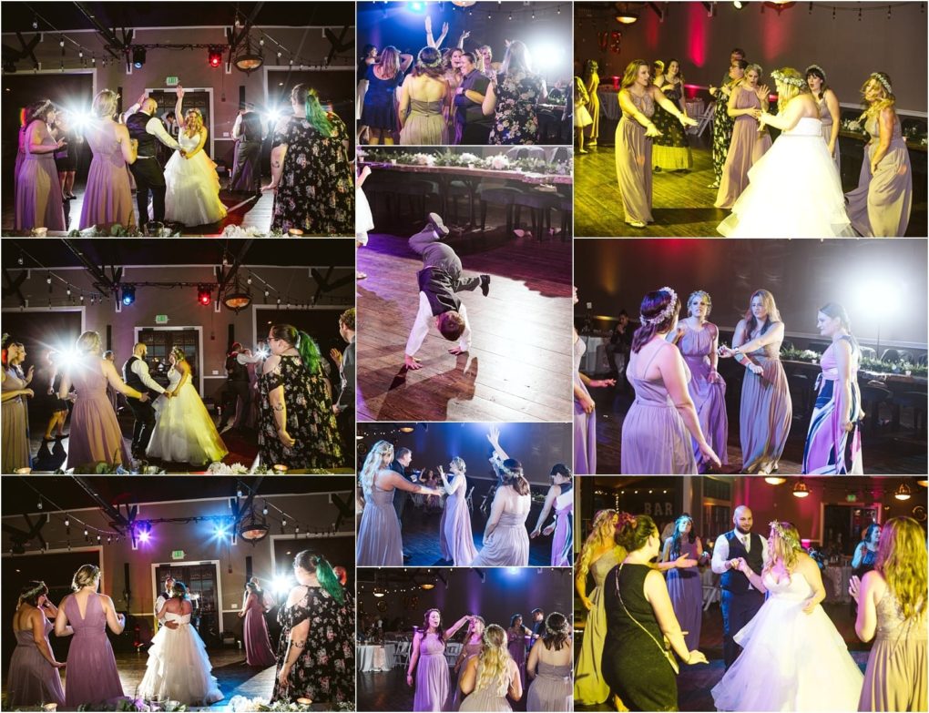 Premier snohomish & seattle wedding photographer | gsquared weddings photography a collage of snohomish wedding reception photos shows guests and the bride dancing laughing and enjoying themselves under colorful lights Some images capture a breakdancer and groups in dresses and suits celebrating on the dance floor | serving snohomish seattle                   & beyond
