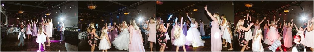 Premier snohomish & seattle wedding photographer | gsquared weddings photography a series of four photos shows a group of women and girls in dresses dancing joyfully together on a wooden floor under warm lights at a snohomish or seattle wedding reception | serving snohomish seattle                   & beyond