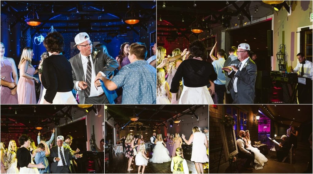 Premier snohomish & seattle wedding photographer | gsquared weddings photography a collage of snohomish wedding reception scenes shows guests including an older man in a suit and backward cap dancing mingling and enjoying live music in a lively colorful indoor venue | serving snohomish seattle                   & beyond