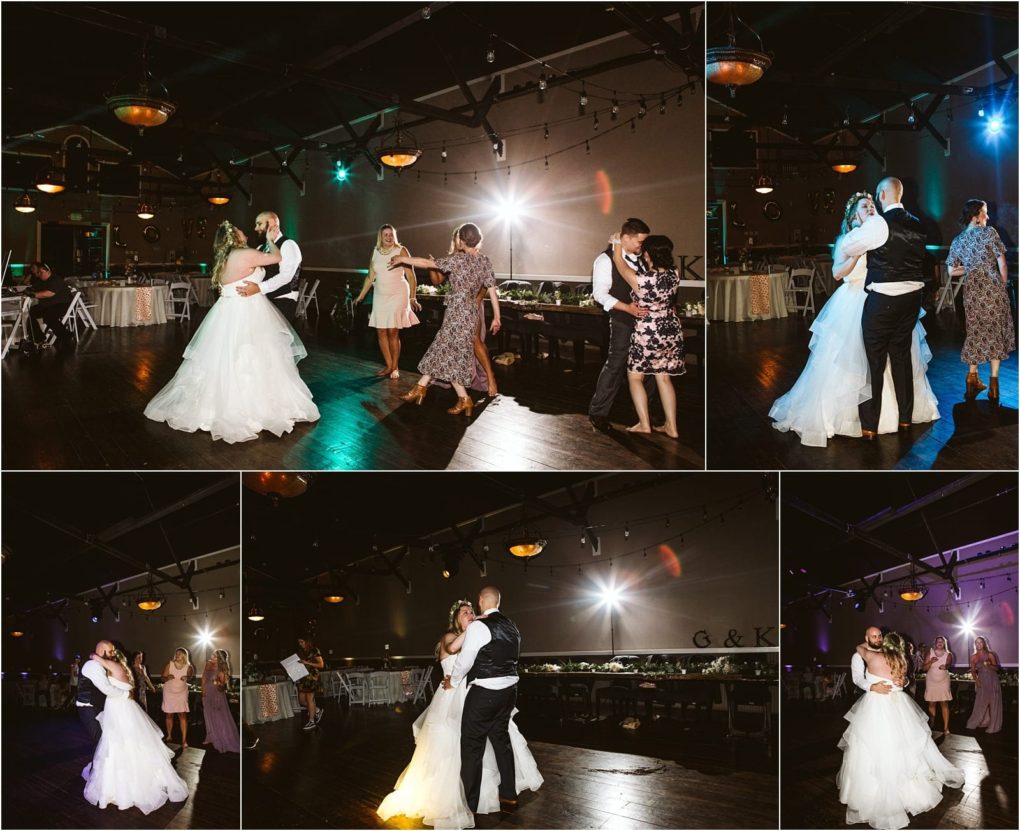 Premier snohomish & seattle wedding photographer | gsquared weddings photography a collage of five photos shows a snohomish bride and groom dancing together in a dimly lit reception hall with guests joining them on the dance floor and warm lighting overhead | serving snohomish seattle                   & beyond