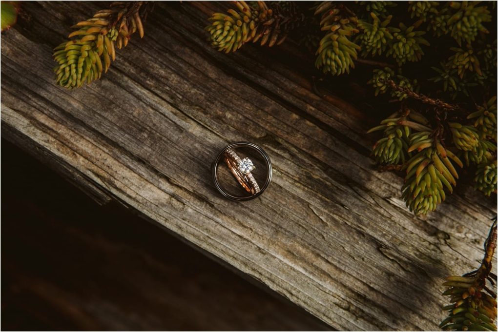 Premier snohomish & seattle wedding photographer | gsquared weddings photography a pair of wedding rings one with a diamond rests on a weathered wooden surface beside green pine like foliagecapturing the rustic charm of a snohomish seattle wedding engagement | serving snohomish seattle                   & beyond