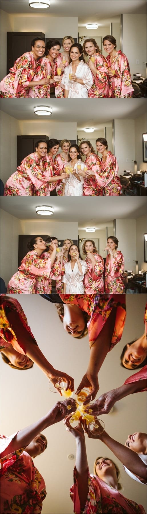 Premier snohomish & seattle wedding photographer | gsquared weddings photography a snohomish bride in a white robe and five bridesmaids in matching floral robes laugh and celebrate indoors posing for photos and raising their glasses in a joyful toast before their seattle wedding engagement | serving snohomish seattle                   & beyond