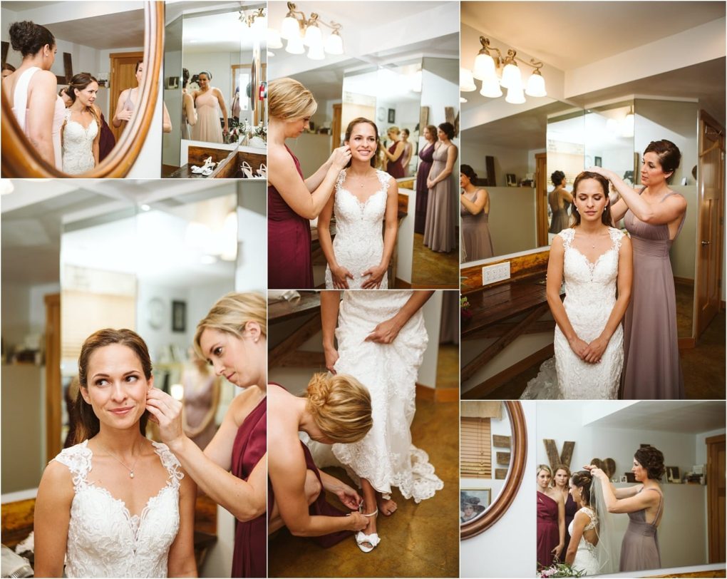 Premier snohomish & seattle wedding photographer | gsquared weddings photography a bride in a white dress is helped by bridesmaids in mauve dresses as she gets ready for her snohomish seattle wedding with close ups of fixing her earrings and shoes in a warmly lit room with mirrors | serving snohomish seattle                   & beyond