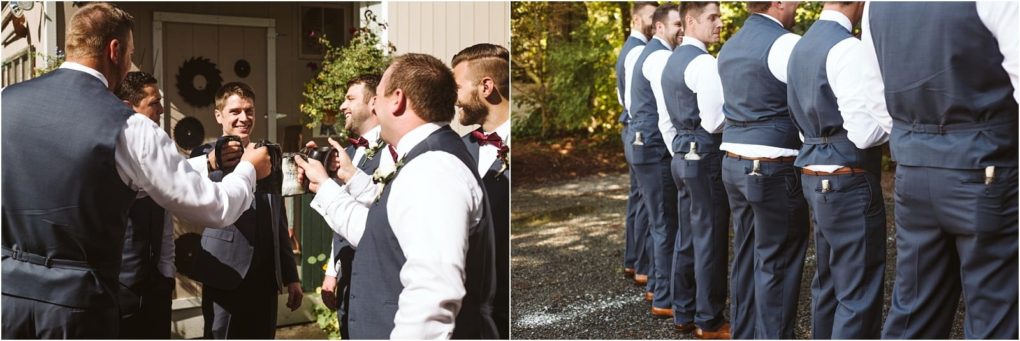 Premier snohomish & seattle wedding photographer | gsquared weddings photography a group of groomsmen in blue suits toast together outside at a snohomish seattle wedding smiling and holding drinks The second image shows them from behind lined up side by side on a gravel path | serving snohomish seattle                   & beyond