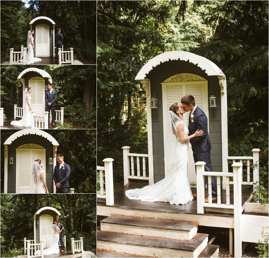 Premier snohomish & seattle wedding photographer | gsquared weddings photography a bride and groom share a first look on a small outdoor porch surrounded by greenery at their snohomish wedding The bride in a white gown and veil the groom in a dark suitthey smile embrace and kiss in tender engagement moments | serving snohomish seattle                   & beyond
