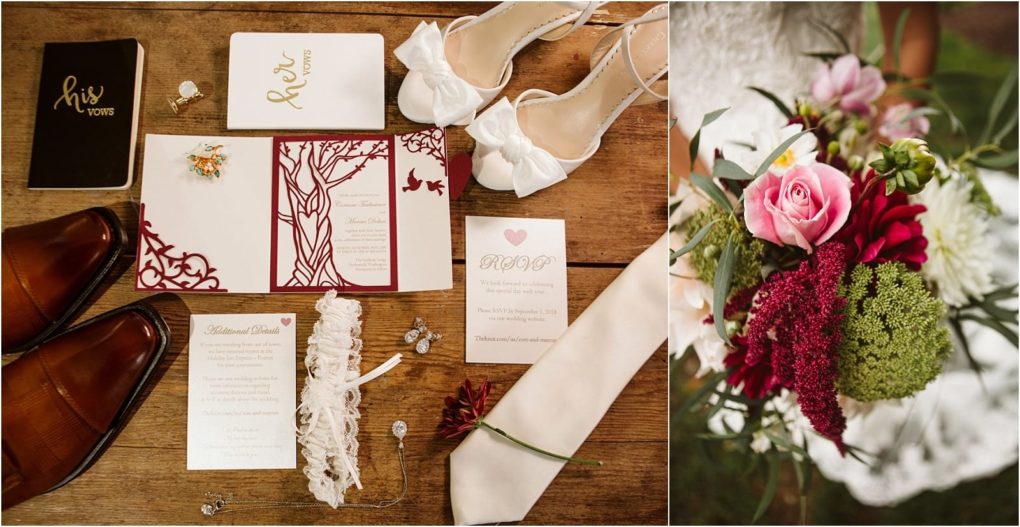 Premier snohomish & seattle wedding photographer | gsquared weddings photography a flat lay of snohomish wedding items including vow books invitation cards mens brown dress shoes a white garter white heels a tie and a boutonniere beside a close up of a pink and green bridal bouquet | serving snohomish seattle                   & beyond