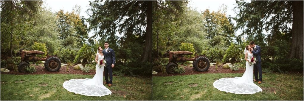 Premier snohomish & seattle wedding photographer | gsquared weddings photography a bride and groom stand outdoors on grass near an old tractor surrounded by trees and greenery at a snohomish seattle wedding The bride wears a long white dress with a lace train the groom wears a dark suit They kiss in one frame smile in the other | serving snohomish seattle                   & beyond