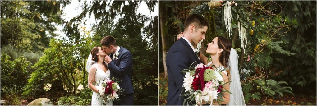 Premier snohomish & seattle wedding photographer | gsquared weddings photography a bride and groom stand outdoors surrounded by greenery at their snohomish wedding They gaze lovingly at each other and share a kiss with the bride holding a colorful bouquet and both dressed in wedding attire | serving snohomish seattle                   & beyond