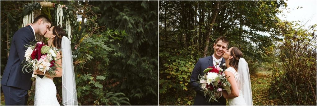 Premier snohomish & seattle wedding photographer | gsquared weddings photography a snohomish bride and groom stand outdoors surrounded by greenery In the left image they kiss under a decorated arch In the right the bride kisses the grooms cheek as they both smile holding a bouquet of flowers at their seattle wedding | serving snohomish seattle                   & beyond