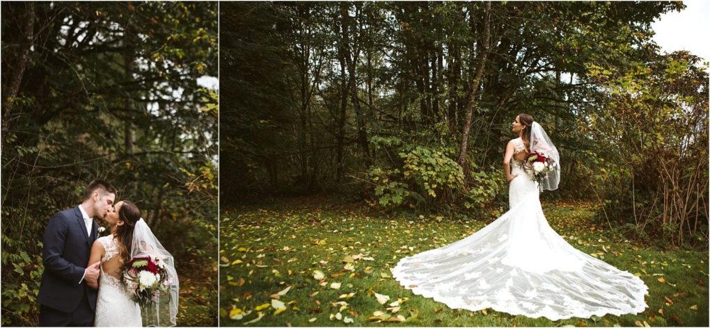 Premier snohomish & seattle wedding photographer | gsquared weddings photography a bride in a white gown with a long train stands on grass near trees holding a bouquet Beside her a groom in a dark suit gently kisses her both surrounded by autumn leaves and greenery at their romantic snohomish wedding | serving snohomish seattle                   & beyond