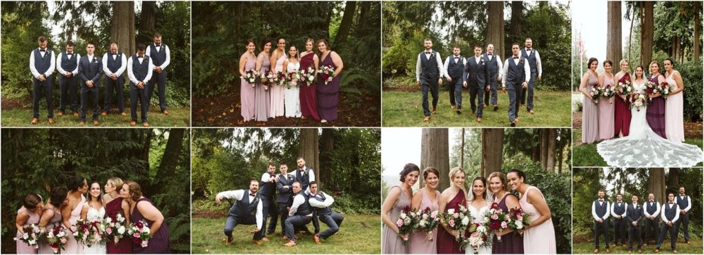 Premier snohomish & seattle wedding photographer | gsquared weddings photography a collage of snohomish wedding party photos outdoors shows groomsmen in navy suits and bridesmaids in mauve and burgundy dresses posing together among tall trees and greenery | serving snohomish seattle                   & beyond