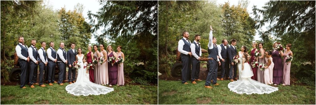Premier snohomish & seattle wedding photographer | gsquared weddings photography a snohomish wedding party poses outdoors with the bride in a white dress groom bridesmaids in mauve dresses and groomsmen in vests and ties They stand on grass with trees and greenerya perfect seattle wedding scene | serving snohomish seattle                   & beyond