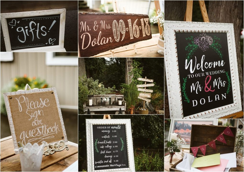 Premier snohomish & seattle wedding photographer | gsquared weddings photography a collage of rustic wedding signs at a snohomish seattle wedding featuring gifts guestbook wedding date welcome message order of events and decorative directional signsall outdoors in wooden and chalkboard styles | serving snohomish seattle                   & beyond