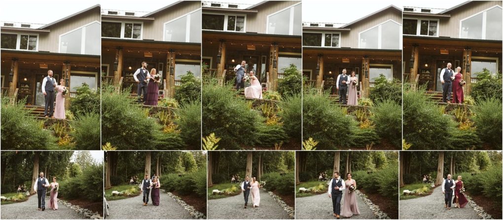 Premier snohomish & seattle wedding photographer | gsquared weddings photography a collage of outdoor snohomish wedding photos shows couples posing on steps and a gravel path in front of a modern house surrounded by greenery Each pair is dressed in formal attire and smiling at the camera | serving snohomish seattle                   & beyond