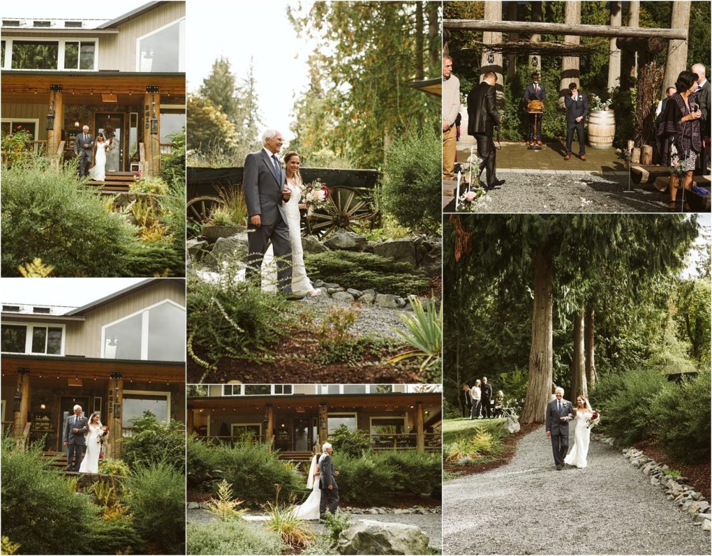 Premier snohomish & seattle wedding photographer | gsquared weddings photography a bride in a white dress is escorted by an older man along gravel paths and garden areas near a wooden house surrounded by greenery and trees during a snohomish wedding ceremony near seattle | serving snohomish seattle                   & beyond