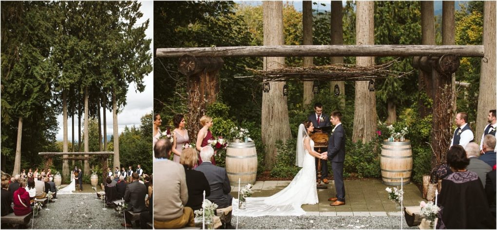 Premier snohomish & seattle wedding photographer | gsquared weddings photography a bride and groom stand at an outdoor altar near snohomish surrounded by trees exchanging vows before seated guests Bridesmaids and groomsmen look on amid rustic wood beams and wine barrels capturing a charming seattle wedding vibe | serving snohomish seattle                   & beyond