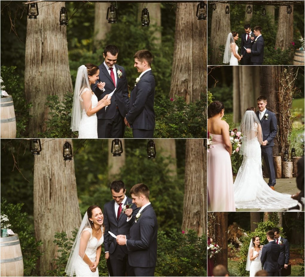 Premier snohomish & seattle wedding photographer | gsquared weddings photography a bride and groom exchange vows and laugh together during an outdoor snohomish forest wedding ceremony with a bridesmaid and officiant present surrounded by tall trees and rustic decor | serving snohomish seattle                   & beyond