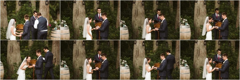 Premier snohomish & seattle wedding photographer | gsquared weddings photography eight panel collage of a snohomish wedding ceremony outdoors with a bride in a veil and white dress and a groom in a blue suit exchanging vows before an officiant set among trees and floral arrangements | serving snohomish seattle                   & beyond