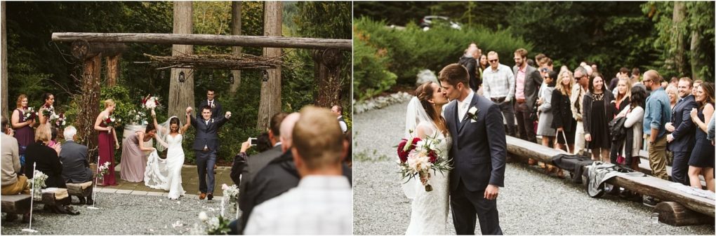 Premier snohomish & seattle wedding photographer | gsquared weddings photography a bride and groom celebrate their outdoor snohomish wedding guests sit on benches during the ceremony on the left while the couple kisses surrounded by friends and family on the right | serving snohomish seattle                   & beyond