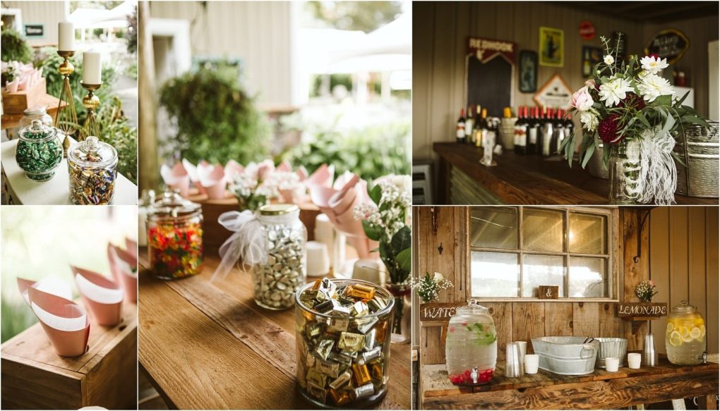 Premier snohomish & seattle wedding photographer | gsquared weddings photography a rustic outdoor snohomish party setup with jars of candy pink paper favor cones a wooden drink station with lemonade and water dispensers wine bottles and floral arrangementsperfect inspiration for a seattle wedding engagement | serving snohomish seattle                   & beyond